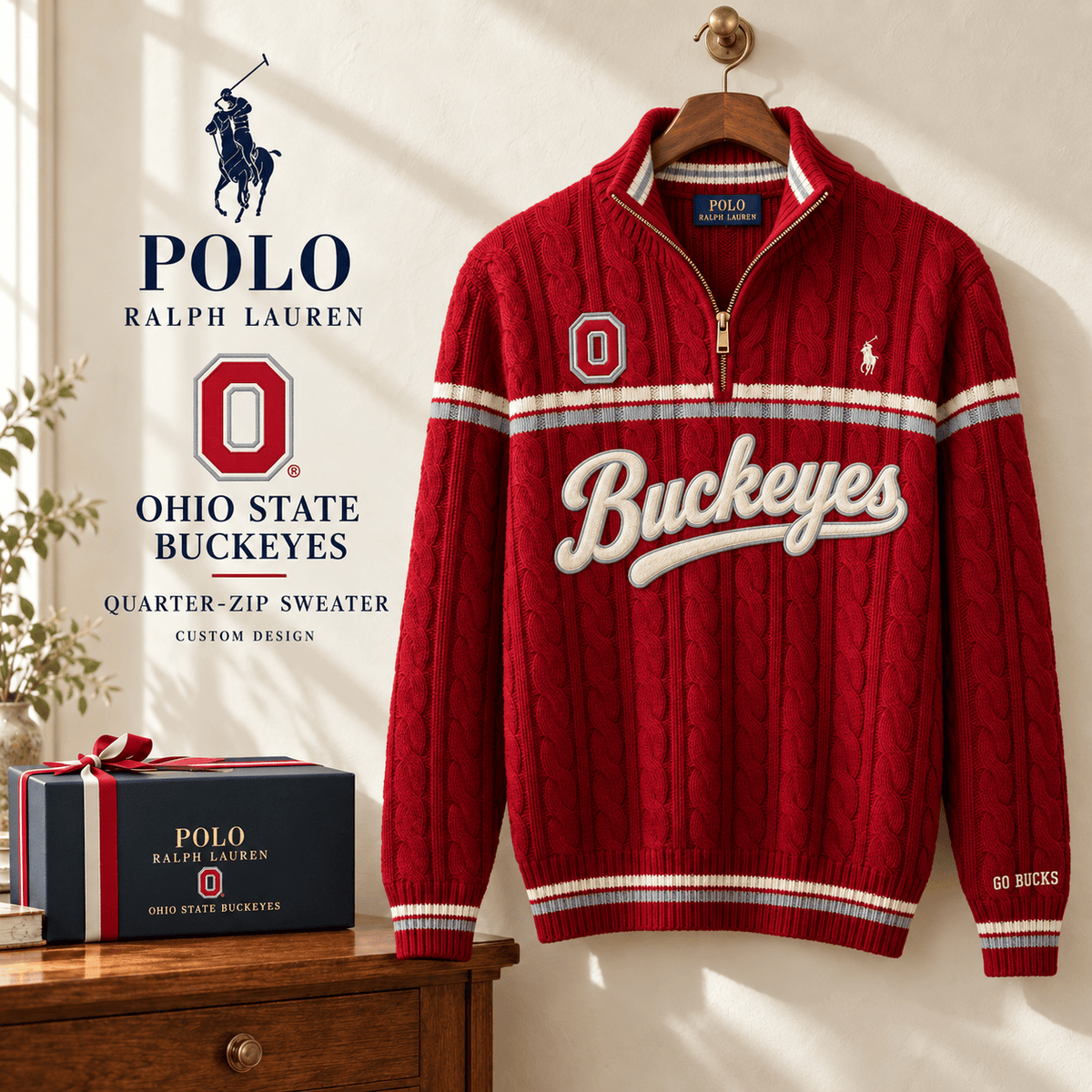 OSB PREMIUM Varsity Cable-Knit Quarter-Zip Sweater NHVH